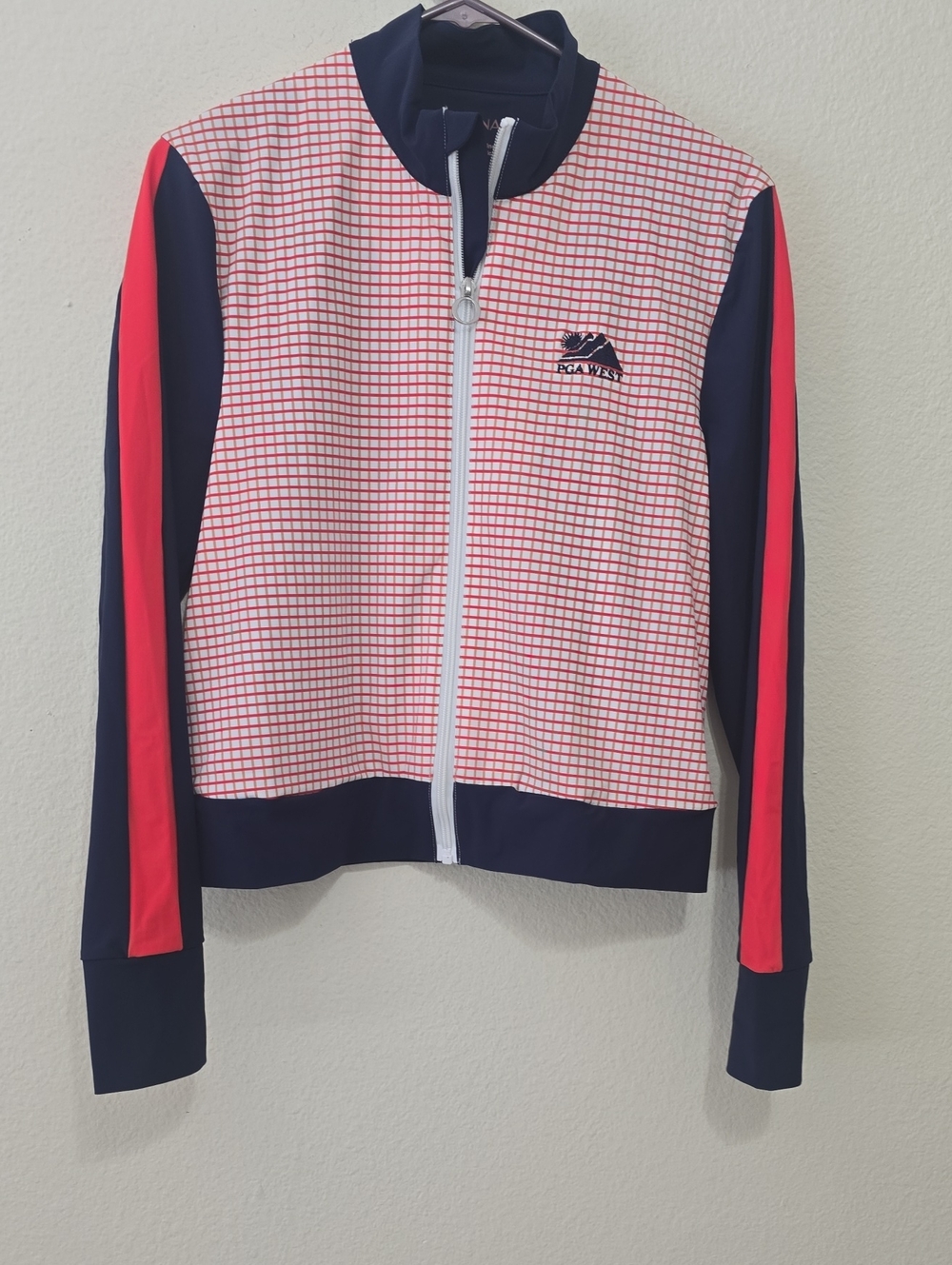 Kinona Navy Jacket with Pink Grid Front and Coral Sleeve Stripes With Pockets S